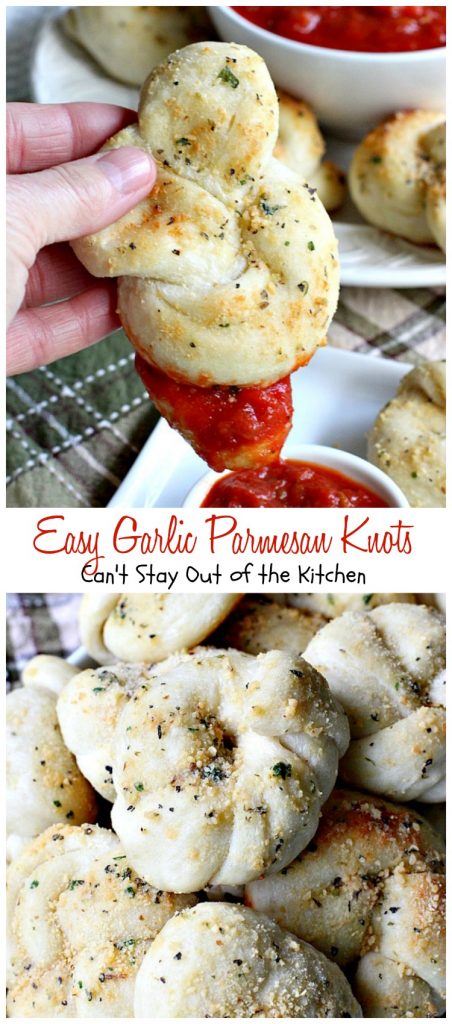 Easy Garlic Parmesan Knots | Can't Stay Out of the Kitchen | this amazing #appetizer is so quick and easy to make since it starts with frozen #bread dough. It's wonderful served with homemade marinara sauce & it's a great option for #tailgating parties or the #SuperBowl. #garlic #parmesancheese