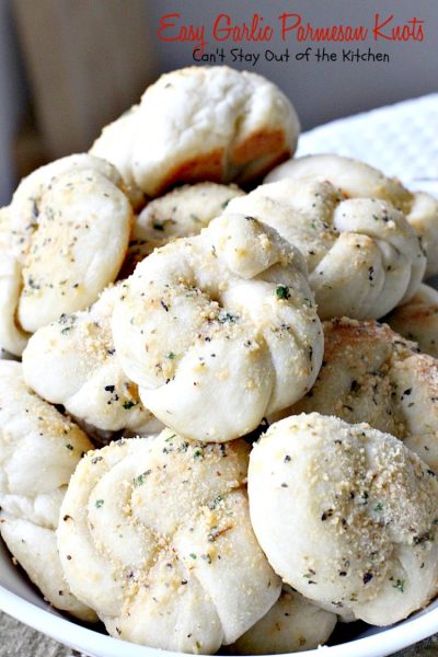 Easy Garlic Parmesan Knots | Can't Stay Out of the Kitchen | this amazing #appetizer is so quick and easy to make since it starts with frozen #bread dough. It's wonderful served with homemade marinara sauce & it's a great option for #tailgating parties or the #SuperBowl. #garlic #parmesancheese