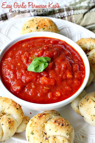 Easy Garlic Parmesan Knots | Can't Stay Out of the Kitchen | this amazing #appetizer is so quick and easy to make since it starts with frozen #bread dough. It's wonderful served with homemade marinara sauce & it's a great option for #tailgating parties or the #SuperBowl. #garlic #parmesancheese