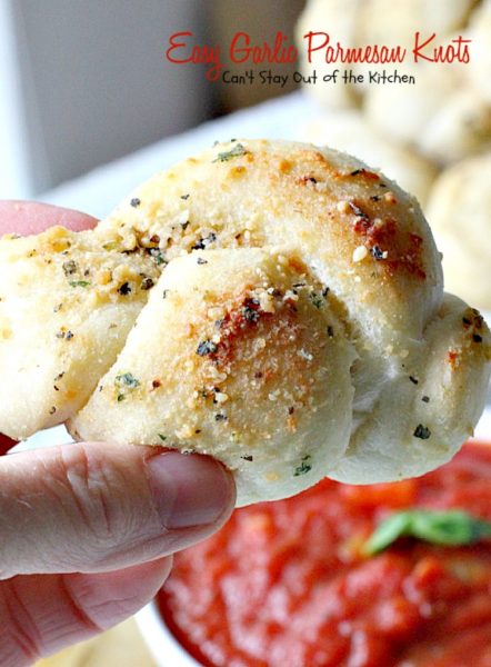 Easy Garlic Parmesan Knots | Can't Stay Out of the Kitchen | this amazing #appetizer is so quick and easy to make since it starts with frozen #bread dough. It's wonderful served with homemade marinara sauce & it's a great option for #tailgating parties or the #SuperBowl. #garlic #parmesancheese