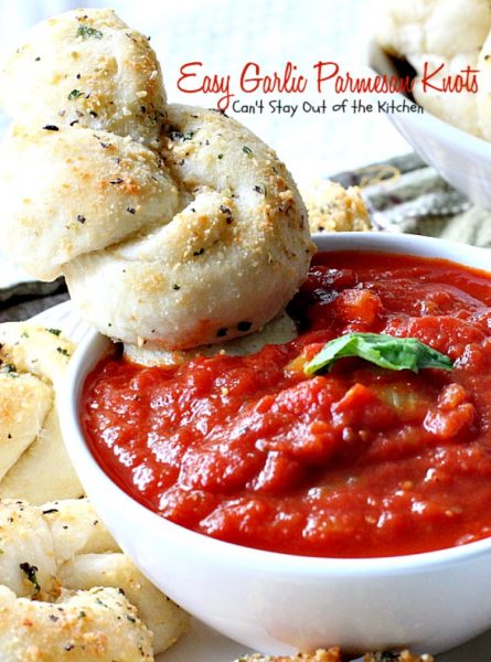 Easy Garlic Parmesan Knots | Can't Stay Out of the Kitchen | this amazing #appetizer is so quick and easy to make since it starts with frozen #bread dough. It's wonderful served with homemade marinara sauce & it's a great option for #tailgating parties or the #SuperBowl. #garlic #parmesancheese