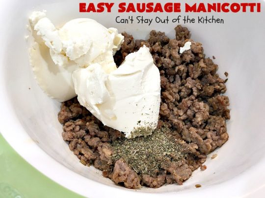 Easy Sausage Manicotti | Can't Stay Out of the Kitchen | this easy 6-ingredient #recipe is fantastic. If you enjoy #pasta this one uses #ItalianSausage, #RicottaCheese & #MozzarellaCheese. Kid-friendly & family approved! #manicotti #EasySausageManicotti
