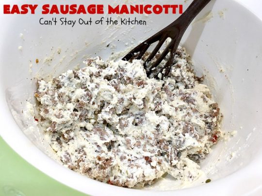Easy Sausage Manicotti | Can't Stay Out of the Kitchen | this easy 6-ingredient #recipe is fantastic. If you enjoy #pasta this one uses #ItalianSausage, #RicottaCheese & #MozzarellaCheese. Kid-friendly & family approved! #manicotti #EasySausageManicotti