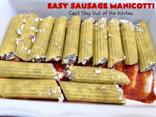 Easy Sausage Manicotti | Can't Stay Out of the Kitchen | this easy 6-ingredient #recipe is fantastic. If you enjoy #pasta this one uses #ItalianSausage, #RicottaCheese & #MozzarellaCheese. Kid-friendly & family approved! #manicotti #EasySausageManicotti