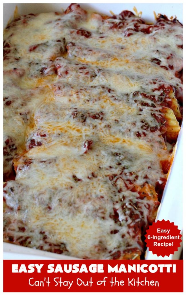Easy Sausage Manicotti | Can't Stay Out of the Kitchen | this easy 6-ingredient #recipe is fantastic. If you enjoy #pasta this one uses #ItalianSausage, #RicottaCheese & #MozzarellaCheese. Kid-friendly & family approved! #manicotti #EasySausageManicotti