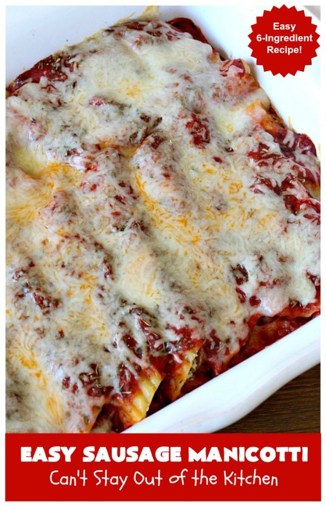 Easy Sausage Manicotti | Can't Stay Out of the Kitchen | this easy 6-ingredient #recipe is fantastic. If you enjoy #pasta this one uses #ItalianSausage, #RicottaCheese & #MozzarellaCheese. Kid-friendly & family approved! #manicotti #EasySausageManicotti