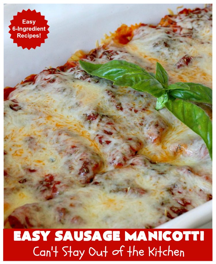 Easy Sausage Manicotti | Can't Stay Out of the Kitchen | this easy 6-ingredient #recipe is fantastic. If you enjoy #pasta this one uses #ItalianSausage, #RicottaCheese & #MozzarellaCheese. Kid-friendly & family approved! #manicotti #EasySausageManicotti