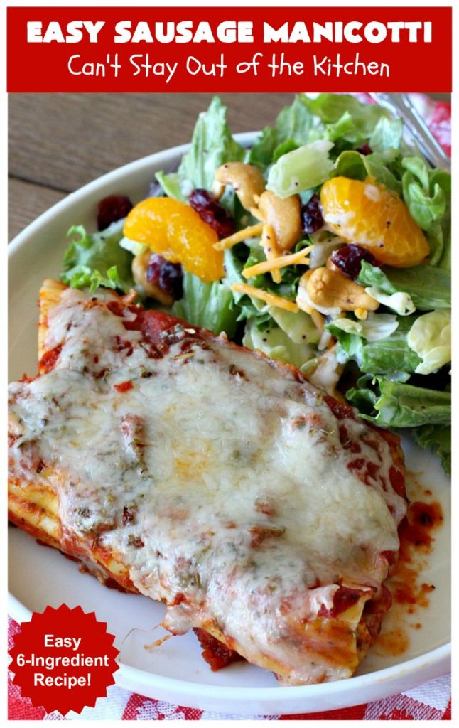 Easy Sausage Manicotti | Can't Stay Out of the Kitchen | this easy 6-ingredient #recipe is fantastic. If you enjoy #pasta this one uses #ItalianSausage, #RicottaCheese & #MozzarellaCheese. Kid-friendly & family approved! #manicotti #EasySausageManicotti