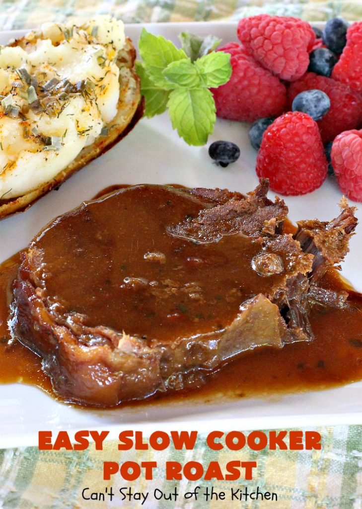 Easy Slow Cooker Pot Roast | Can't Stay Out of the Kitchen | incredibly easy 4-ingredient #beef pot roast. Also called 3-packet pot roast. Flavorful, delicious & easy since it's made in the #crockpot.