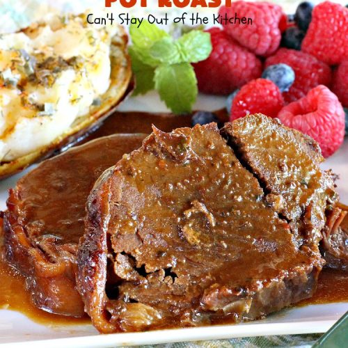 Easy Slow Cooker Pot Roast | Can't Stay Out of the Kitchen | incredibly easy 4-ingredient #beef pot roast. Also called 3-packet pot roast. Flavorful, delicious & easy since it's made in the #crockpot.