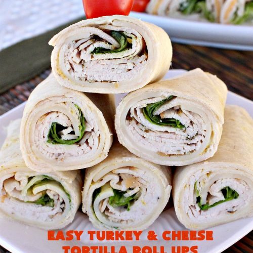 Easy Turkey and Cheese Tortilla Roll Ups | Can't Stay Out of the Kitchen | these fantastic wraps make a terrific treat for #tailgating parties, potlucks or soccer games. Easy & delicious. #sandwiches #cheese #TurkeySandwiches #TurkeyWraps #TurkeyRollUps #PepperJackCheese #SwissCheese #CheddarCheese