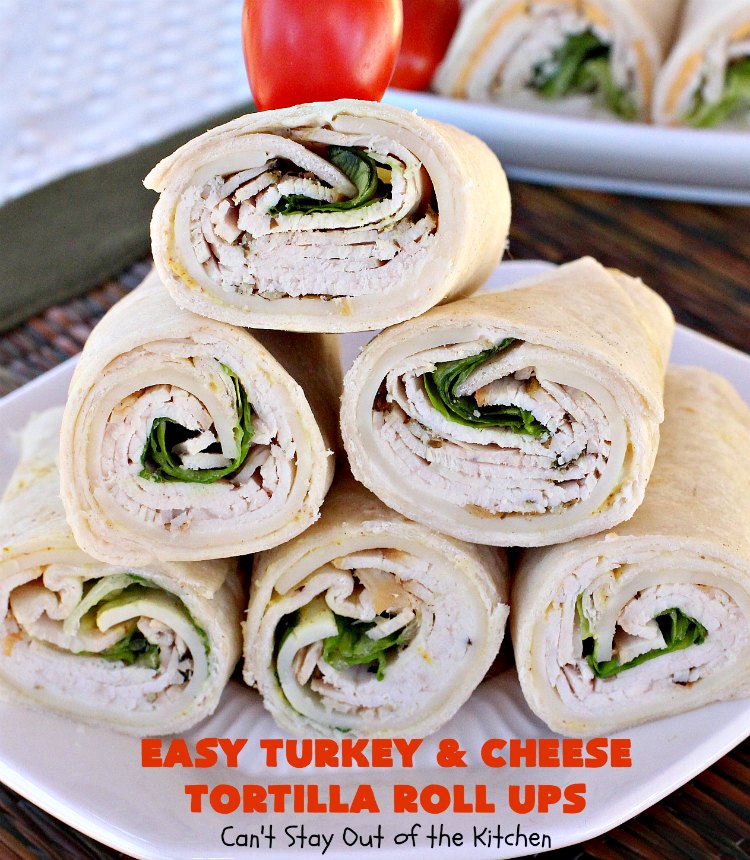 Easy Turkey and Cheese Tortilla Roll Ups | Can't Stay Out of the Kitchen | these fantastic wraps make a terrific treat for #tailgating parties, potlucks or soccer games. Easy & delicious. #sandwiches #cheese #TurkeySandwiches #TurkeyWraps #TurkeyRollUps #PepperJackCheese #SwissCheese #CheddarCheese