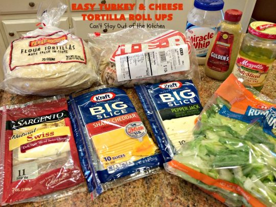 Easy Turkey and Cheese Tortilla Roll Ups | Can't Stay Out of the Kitchen | these fantastic wraps make a terrific treat for #tailgating parties, potlucks or soccer games. Easy & delicious. #sandwiches #cheese #TurkeySandwiches #TurkeyWraps #TurkeyRollUps #PepperJackCheese #SwissCheese #CheddarCheese