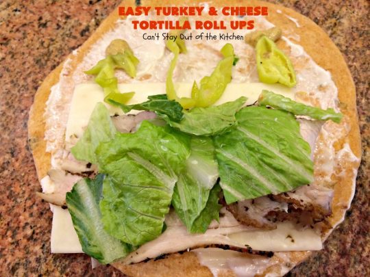 Easy Turkey and Cheese Tortilla Roll Ups | Can't Stay Out of the Kitchen | these fantastic wraps make a terrific treat for #tailgating parties, potlucks or soccer games. Easy & delicious. #sandwiches #cheese #TurkeySandwiches #TurkeyWraps #TurkeyRollUps #PepperJackCheese #SwissCheese #CheddarCheese