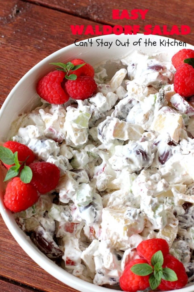 Easy Waldorf Salad | Can't Stay Out of the Kitchen | this luscious #GooseberryPatch #recipe uses #apples, #raisins, #grapes, #celery & #walnuts. This is the perfect #FruitSalad for #Christmas & other #holiday menus. It can be prepared in under 10 minutes. #salad #WaldorfSalad #EasyWaldorfSalad #GlutenFree #HolidaySideDish
