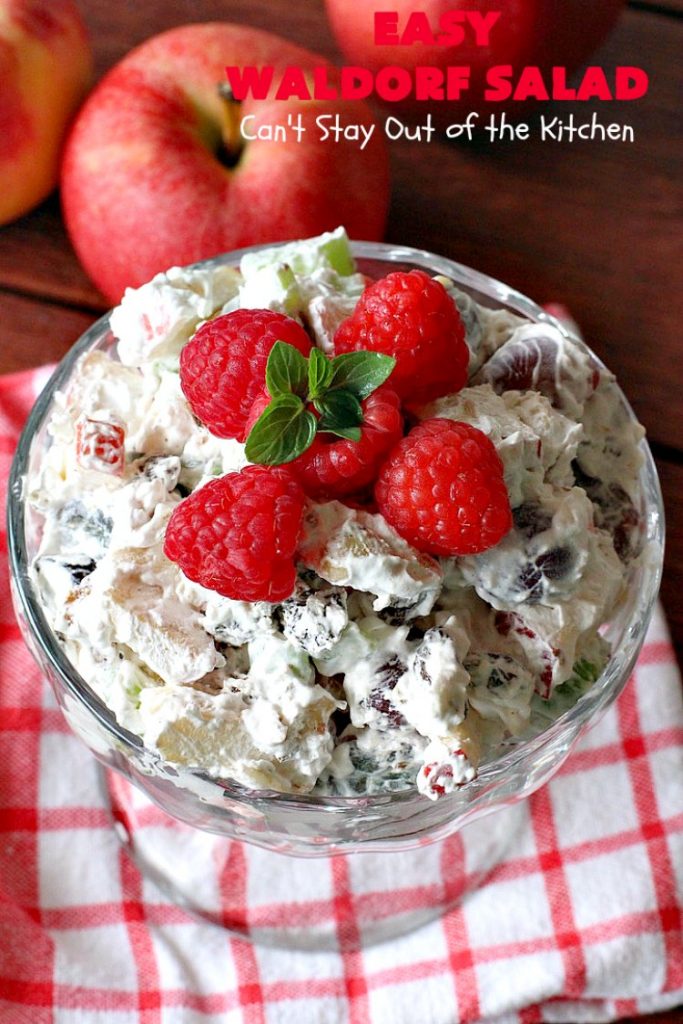 Easy Waldorf Salad | Can't Stay Out of the Kitchen | this luscious #GooseberryPatch #recipe uses #apples, #raisins, #grapes, #celery & #walnuts. This is the perfect #FruitSalad for #Christmas & other #holiday menus. It can be prepared in under 10 minutes. #salad #WaldorfSalad #EasyWaldorfSalad #GlutenFree #HolidaySideDish