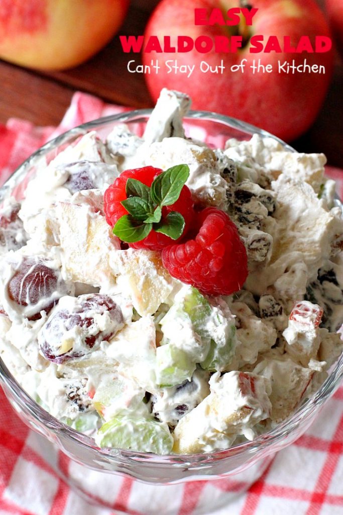 Easy Waldorf Salad | Can't Stay Out of the Kitchen | this luscious #GooseberryPatch #recipe uses #apples, #raisins, #grapes, #celery & #walnuts. This is the perfect #FruitSalad for #Christmas & other #holiday menus. It can be prepared in under 10 minutes. #salad #WaldorfSalad #EasyWaldorfSalad #GlutenFree #HolidaySideDish