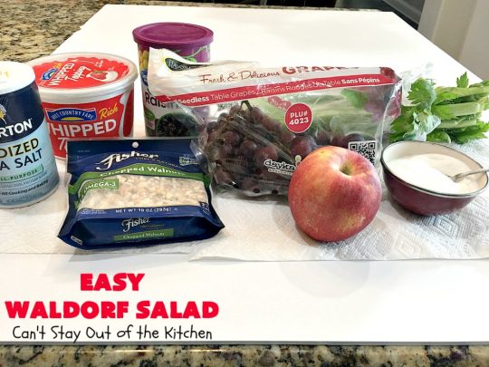 Easy Waldorf Salad | Can't Stay Out of the Kitchen | this luscious #GooseberryPatch #recipe uses #apples, #raisins, #grapes, #celery & #walnuts. This is the perfect #FruitSalad for #Christmas & other #holiday menus. It can be prepared in under 10 minutes. #salad #WaldorfSalad #EasyWaldorfSalad #GlutenFree #HolidaySideDish