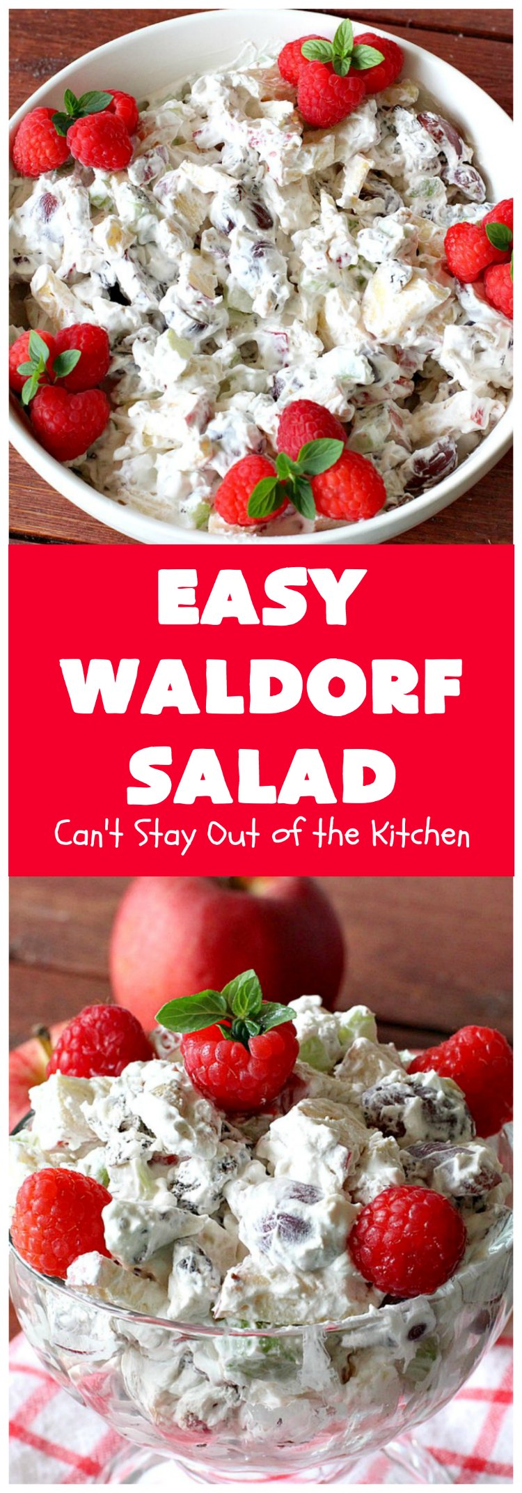 Easy Waldorf Salad | Can't Stay Out of the Kitchen | this luscious #GooseberryPatch #recipe uses #apples, #raisins, #grapes, #celery & #walnuts. This is the perfect #FruitSalad for #Christmas & other #holiday menus. It can be prepared in under 10 minutes. #salad #WaldorfSalad #EasyWaldorfSalad #GlutenFree #HolidaySideDish