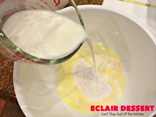 Eclair Dessert | Can't Stay Out of the Kitchen | incredibly easy 5-ingredient #dessert. This one tastes like eating #chocolate #Eclairs but is so much easier to make. This delectable dessert can be made in about 10 minutes! Perfect for #holidays like #Valentine'sDay & #Easter.