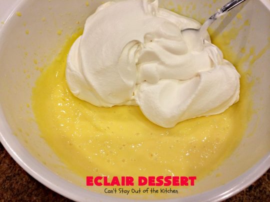 Eclair Dessert | Can't Stay Out of the Kitchen | incredibly easy 5-ingredient #dessert. This one tastes like eating #chocolate #Eclairs but is so much easier to make. This delectable dessert can be made in about 10 minutes! Perfect for #holidays like #Valentine'sDay & #Easter.