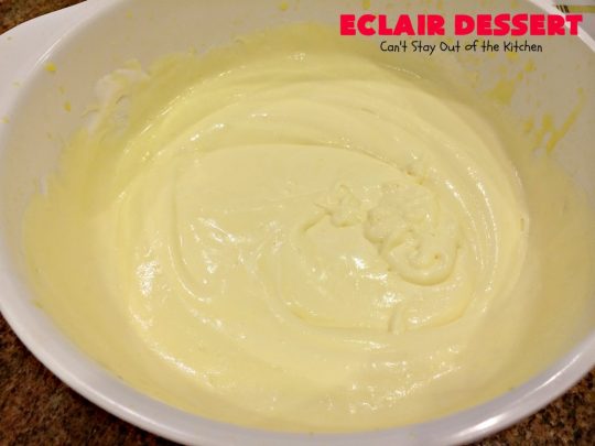Eclair Dessert | Can't Stay Out of the Kitchen | incredibly easy 5-ingredient #dessert. This one tastes like eating #chocolate #Eclairs but is so much easier to make. This delectable dessert can be made in about 10 minutes! Perfect for #holidays like #Valentine'sDay & #Easter.