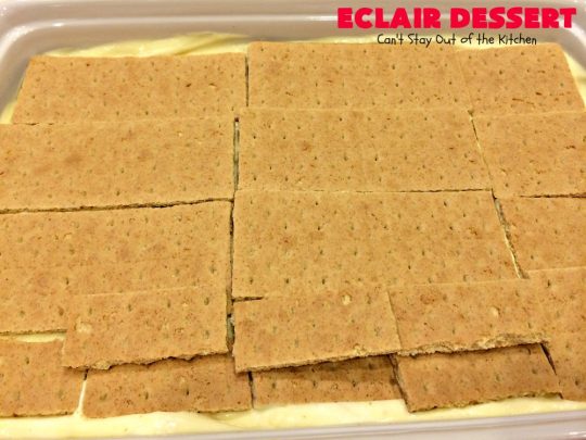 Eclair Dessert | Can't Stay Out of the Kitchen | incredibly easy 5-ingredient #dessert. This one tastes like eating #chocolate #Eclairs but is so much easier to make. This delectable dessert can be made in about 10 minutes! Perfect for #holidays like #Valentine'sDay & #Easter.