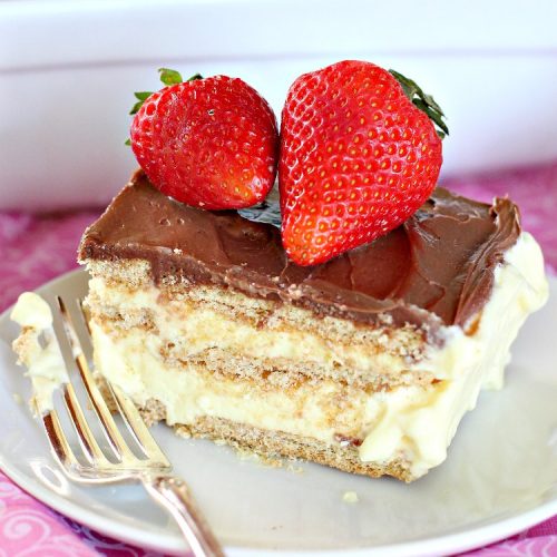 Eclair Dessert | Can't Stay Out of the Kitchen | incredibly easy 5-ingredient #dessert. This one tastes like eating #chocolate #Eclairs but is so much easier to make. This delectable dessert can be made in about 10 minutes! Perfect for #holidays like #Valentine'sDay & #Easter.