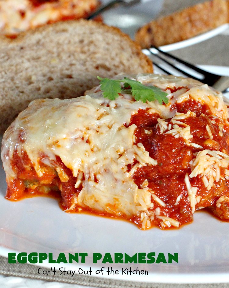Eggplant Parmesan | Can't Stay Out of the Kitchen | this is my favorite #recipe for #EggplantParmesan. It's absolutely scrumptious & terrific for a side dish or as a main dish for #MeatlessMondays. It's gooey & cheesy from #Parmesan & #MozzarellaCheese. #Italian #ItalianMainDish #eggplant #BestEggplantParmesan