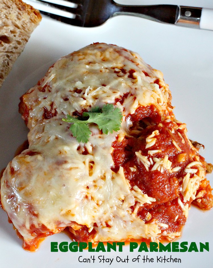 Eggplant Parmesan | Can't Stay Out of the Kitchen | this is my favorite #recipe for #EggplantParmesan. It's absolutely scrumptious & terrific for a side dish or as a main dish for #MeatlessMondays. It's gooey & cheesy from #Parmesan & #MozzarellaCheese. #Italian #ItalianMainDish #eggplant #BestEggplantParmesan
