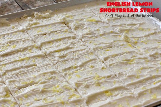 English Lemon Shortbread Strips | Can't Stay Out of the Kitchen | these amazing #lemon bars have a lemony icing to die for. They're terrific for #holiday parties, #Christmas #cookie exchanges or #tailgating. #dessert