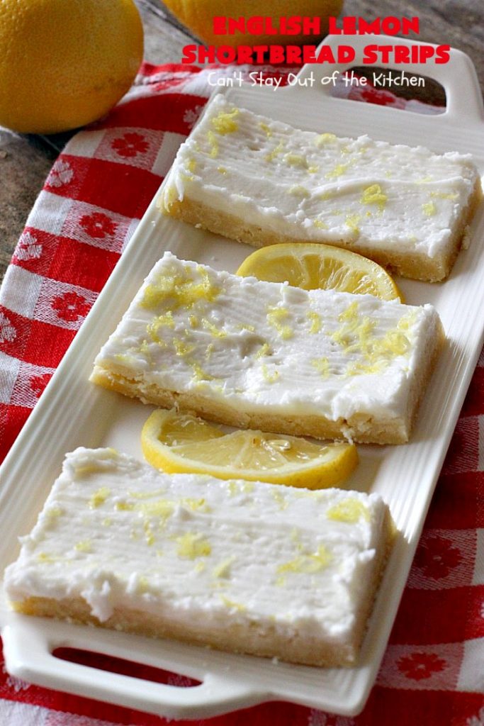 English Lemon Shortbread Strips | Can't Stay Out of the Kitchen | these amazing #lemon bars have a lemony icing to die for. They're terrific for #holiday parties, #Christmas #cookie exchanges or #tailgating. #dessert