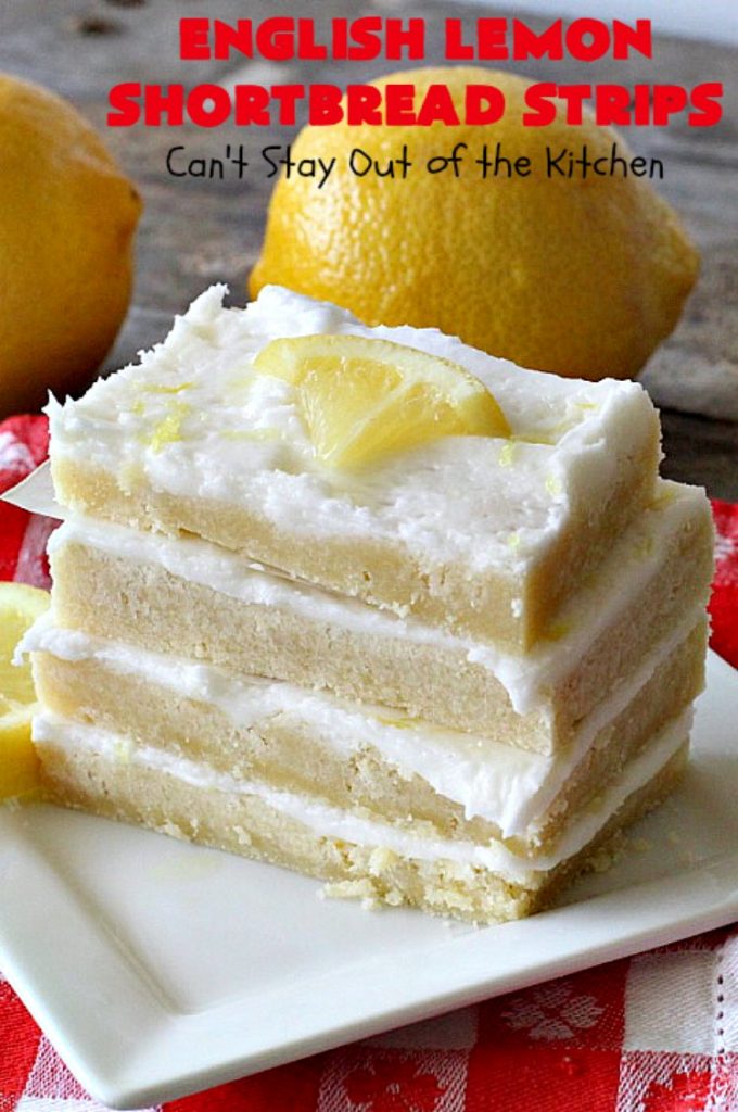 English Lemon Shortbread Strips | Can't Stay Out of the Kitchen | these amazing #lemon bars have a lemony icing to die for. They're terrific for #holiday parties, #Christmas #cookie exchanges or #tailgating. #dessert