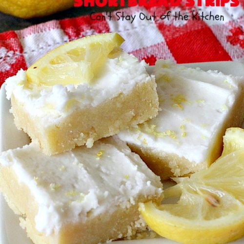 English Lemon Shortbread Strips | Can't Stay Out of the Kitchen | these amazing #lemon bars have a lemony icing to die for. They're terrific for #holiday parties, #Christmas #cookie exchanges or #tailgating. #dessert