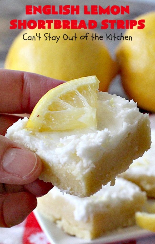 English Lemon Shortbread Strips | Can't Stay Out of the Kitchen | these amazing #lemon bars have a lemony icing to die for. They're terrific for #holiday parties, #Christmas #cookie exchanges or #tailgating. #dessert