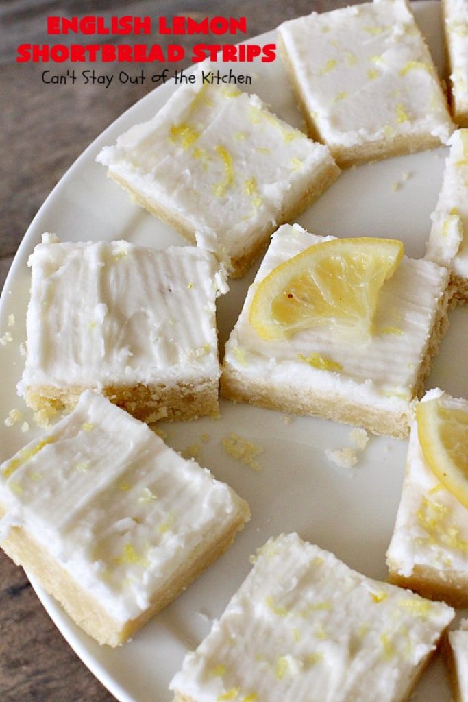 English Lemon Shortbread Strips | Can't Stay Out of the Kitchen | these amazing #lemon bars have a lemony icing to die for. They're terrific for #holiday parties, #Christmas #cookie exchanges or #tailgating. #dessert