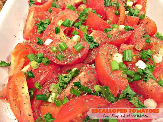 Escalloped Tomatoes | Can't Stay Out of the Kitchen | This is one of my favorite side dishes. It's a great #casserole for chicken or pork. It's also an easy #veggie to make for #Thanksgiving or #Christmas. #tomatoes #cheese