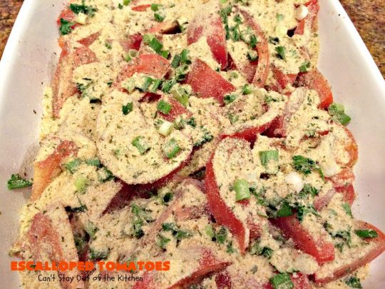 Escalloped Tomatoes | Can't Stay Out of the Kitchen | This is one of my favorite side dishes. It's a great #casserole for chicken or pork. It's also an easy #veggie to make for #Thanksgiving or #Christmas. #tomatoes #cheese