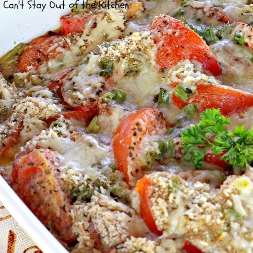 Escalloped Tomatoes | Can't Stay Out of the Kitchen | This is one of my favorite side dishes. It's a great #casserole for chicken or pork. It's also an easy #veggie to make for #Thanksgiving or #Christmas. #tomatoes #cheese