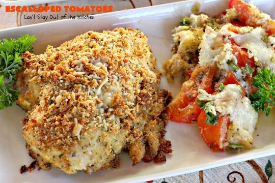 Escalloped Tomatoes | Can't Stay Out of the Kitchen | This is one of my favorite side dishes. It's a great #casserole for chicken or pork. It's also an easy #veggie to make for #Thanksgiving or #Christmas. #tomatoes #cheese