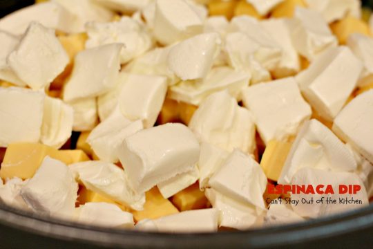 Espinaca Dip | Can't Stay Out of the Kitchen | this fabulous #TexMex #appetizer is perfect for #tailgating parties & potlucks. Everything is dumped in the #crockpot! Jose Peppers Cantina #copycat recipe.
