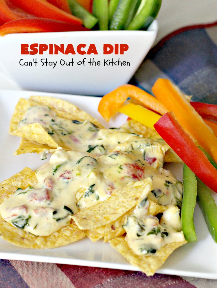 Espinaca Dip | Can't Stay Out of the Kitchen | this fabulous #TexMex #appetizer is perfect for #tailgating parties & potlucks. Everything is dumped in the #crockpot! Jose Peppers Cantina #copycat recipe.