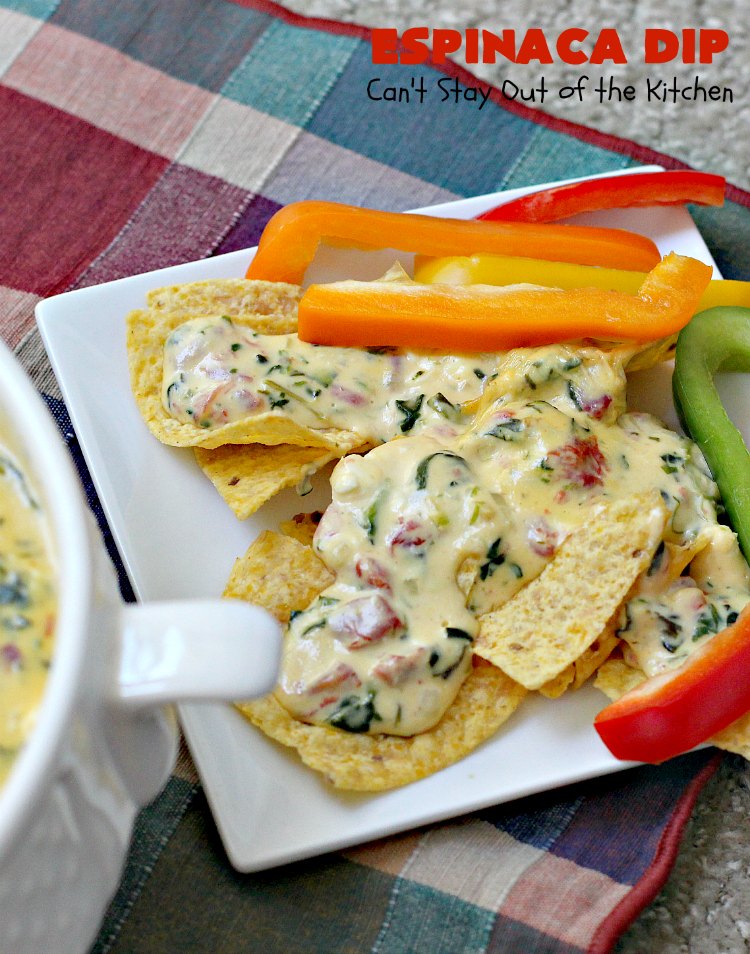 Espinaca Dip | Can't Stay Out of the Kitchen | this fabulous #TexMex #appetizer is perfect for #tailgating parties & potlucks. Everything is dumped in the #crockpot! Jose Peppers Cantina #copycat recipe.