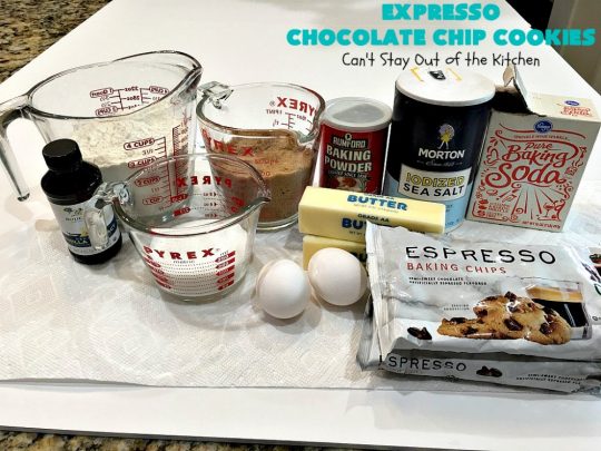 Expresso Chocolate Chip Cookies | Can't Stay Out of the Kitchen | these heavenly #cookies use #Expresso #ChocolateChips! They are rich, decadent & divine. Every bite will have your mouth watering. #chocolate #ChocolateDessert #holiday #tailgating #HolidayDessert #ChristmasCookieExchange #coffee #ExpressoChocolateChipCookies
