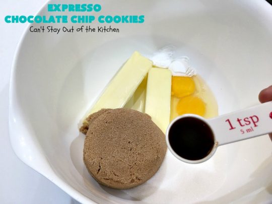 Expresso Chocolate Chip Cookies | Can't Stay Out of the Kitchen | these heavenly #cookies use #Expresso #ChocolateChips! They are rich, decadent & divine. Every bite will have your mouth watering. #chocolate #ChocolateDessert #holiday #tailgating #HolidayDessert #ChristmasCookieExchange #coffee #ExpressoChocolateChipCookies