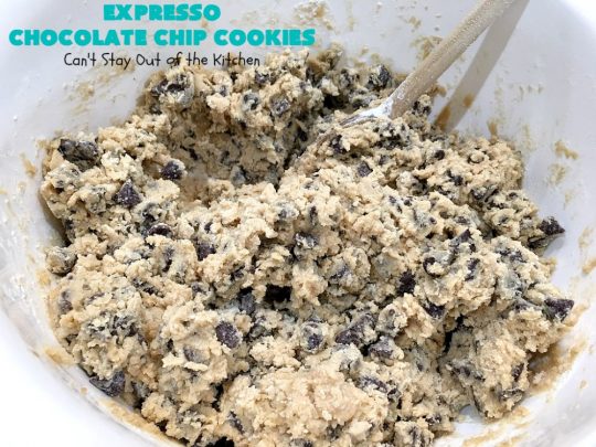 Expresso Chocolate Chip Cookies | Can't Stay Out of the Kitchen | these heavenly #cookies use #Expresso #ChocolateChips! They are rich, decadent & divine. Every bite will have your mouth watering. #chocolate #ChocolateDessert #holiday #tailgating #HolidayDessert #ChristmasCookieExchange #coffee #ExpressoChocolateChipCookies