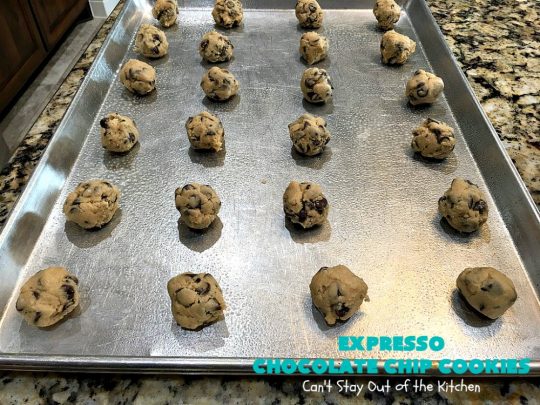 Expresso Chocolate Chip Cookies | Can't Stay Out of the Kitchen | these heavenly #cookies use #Expresso #ChocolateChips! They are rich, decadent & divine. Every bite will have your mouth watering. #chocolate #ChocolateDessert #holiday #tailgating #HolidayDessert #ChristmasCookieExchange #coffee #ExpressoChocolateChipCookies