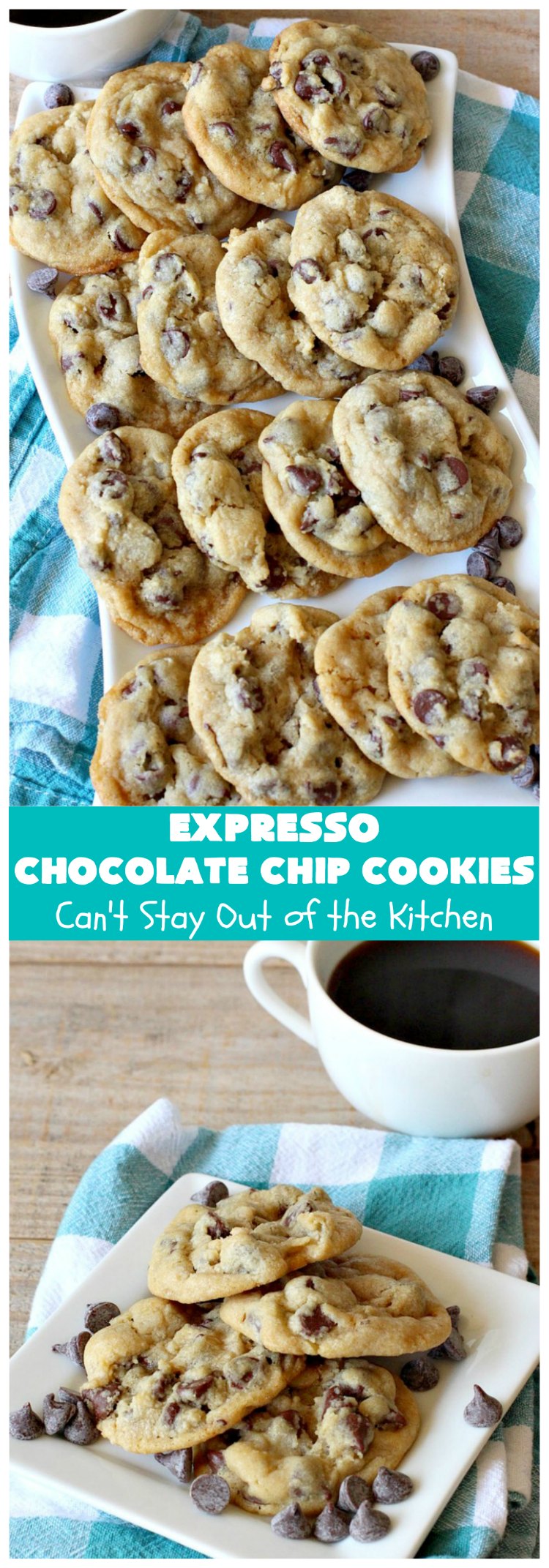 Expresso Chocolate Chip Cookies | Can't Stay Out of the Kitchen | these heavenly #cookies use #Expresso #ChocolateChips! They are rich, decadent & divine. Every bite will have your mouth watering. #chocolate #ChocolateDessert #holiday #tailgating #HolidayDessert #ChristmasCookieExchange #coffee #ExpressoChocolateChipCookies