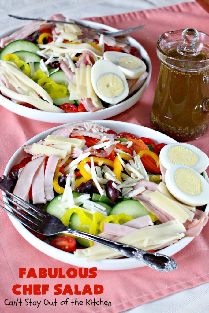 Fabulous Chef Salad | Can't Stay Out of the Kitchen | this amazing high protein #salad includes #turkey, #ham, hard-boiled #eggs & lots of veggies with a delicious homemade #saladdressing. It's one of our favorites. #glutenfree