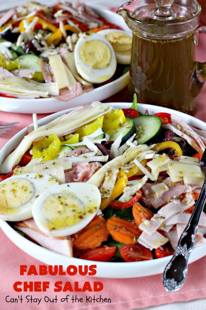 Fabulous Chef Salad | Can't Stay Out of the Kitchen | this amazing high protein #salad includes #turkey, #ham, hard-boiled #eggs & lots of veggies with a delicious homemade #saladdressing. It's one of our favorites. #glutenfree